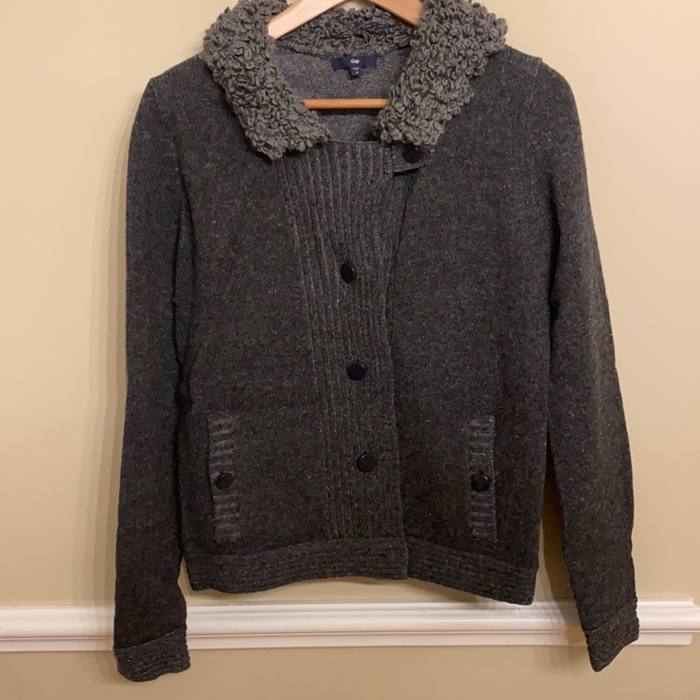 Gap Charcoal Cardigan Sweater with Boucle Collar - Size M
